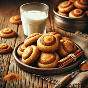 Een rustieke oude houten tafel met een bord goudbruine snickerdoodle koekjes, licht gebarsten en omhuld met kaneelsuiker. Ernaast staat een glas koude melk en een kaneelstokje voor een gezellig snackmoment.
