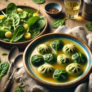 Vegetarische snijbietballetjes geserveerd in heldere bouillon en op een bord met groene salade, op een licht verweerde houten tafel met witte wijn