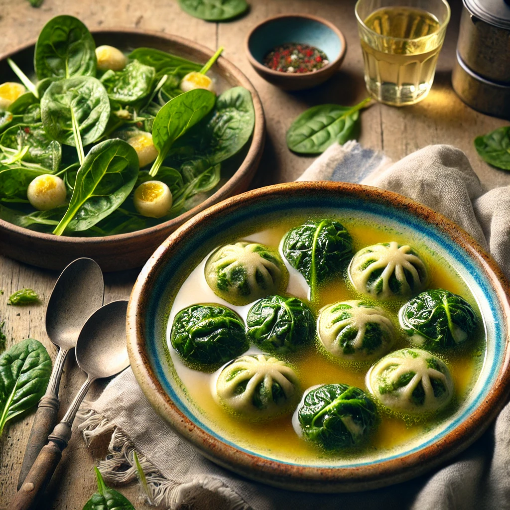Vegetarische snijbietballetjes geserveerd in heldere bouillon en op een bord met groene salade, op een licht verweerde houten tafel met witte wijn