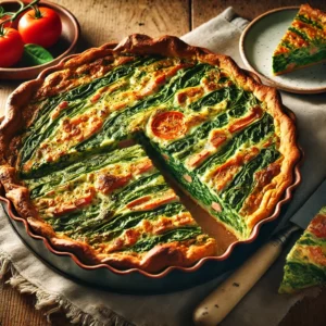 Ovengebakken snijbiettaart met loempiavellen, kwark en vegetarische ham, geserveerd in een rustieke ovenschaal op een licht verweerde houten tafel met salade en linnen servet