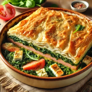 Snijbiettaart met vegetarische ham, kwark en loempiavellen, goudbruin gebakken in de oven en geserveerd in een schaal op houten tafel – zomers bijgerecht.