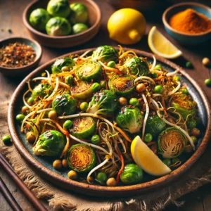 Oosters roerbakgerecht met spruitjes en taugé, op smaak gebracht met kerrie, ketjap manis en citroensap – kleurrijk vegetarisch hoofdgerecht op houten tafel.