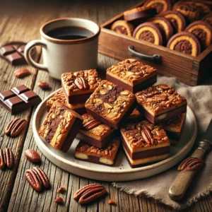 Een rustieke oude houten tafel met vierkante stukjes tolhuiskoekjes, gevuld met pure chocoladestukjes en gehakte pecannoten. De koekjes liggen opgestapeld op een bord met een kopje koffie ernaast in een gezellige setting.