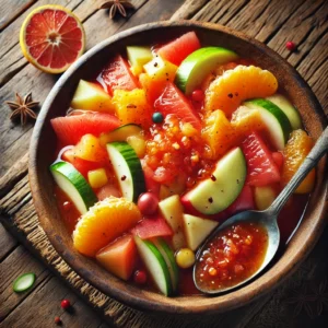 Een rustieke oude houten tafel met een kleurrijke kom tropische rujak, gevuld met stukjes appel, sinaasappel, grapefruit, komkommer en ananas, overgoten met een glanzende pittige sambalsaus. Een lepel ligt in de kom klaar om te serveren.