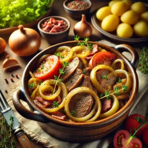 Traditioneel stoofgerecht van varkenslever met appel, ui en kruiden uit de Römertopf – een rijke, hartige ovenschotel vol smaak, ideaal met aardappelen of salade als stevige maaltijd.
