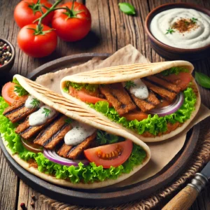 Vegetarische shoarmabroodjes met plantaardige shoarma, sla en yoghurtsaus, geserveerd op een houten tafel met frisse tomatensalade – snelle vleesvrije maaltijd.
