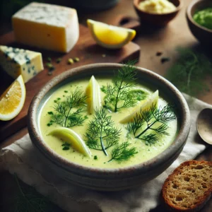 Frisse venkel-citroensoep met pastis of ouzo, geserveerd met citroen en venkelgroen – een verrassend lichte soep met mediterrane smaken, perfect als voorgerecht of lichte maaltijd met brood en kaas.
