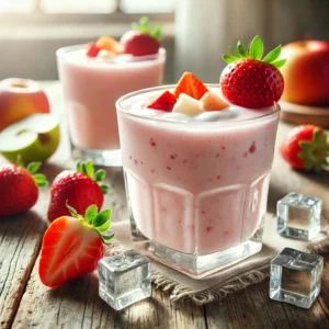 Romige aardbeiensmoothie met yoghurt en appelsap, geserveerd met ijsblokjes in een glas op een houten tafel – perfect als gezond ontbijt of tussendoortje.