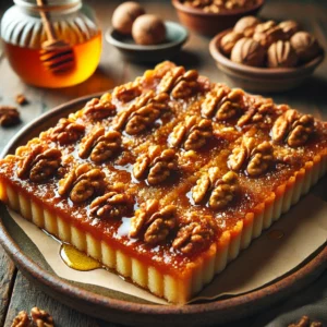 Goudbruine plaatkoek met walnoten en amandelbodem, gezoet met honing en suiker, gesneden in stukjes en geserveerd op een houten tafel – perfect bij de thee.