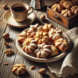 Een rustieke oude houten tafel met een bord Weense buideltjes, goudbruin gebakken en bestrooid met suiker. Enkele koekjes tonen een glimp van de notenvulling. Ernaast staat een kop koffie in een warme en feestelijke setting.