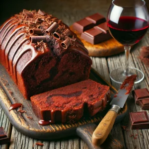 Een rustieke oude houten tafel met een smeuïge chocolade-wijncake, in plakken gesneden en overgoten met een glanzende laag gesmolten chocolade. De bovenkant is versierd met chocoladeschaafsel en ernaast staat een glas rode wijn.