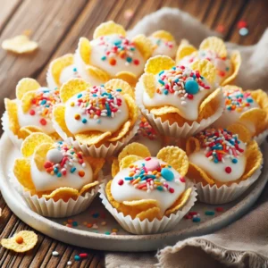 Cornflakeskoekjes met witte chocolade en suikermuisjes, geserveerd in bonbonpapiertjes op een houten tafel – snel en feestelijk zoet tussendoortje