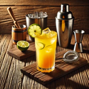 Een rustieke oude houten tafel met een tropische mocktail in een longdrinkglas, helder geel-oranje van kleur met een limoenpartje als garnering. IJsklontjes drijven in het glas en een shaker met barzeef staan ernaast