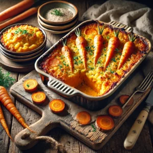 Een rustieke oude houten tafel met een goudbruine wortel-pastinaak gratin in een keramische ovenschaal, bedekt met een knapperige kaaslaag en verse kruiden. Een portie is uitgeschept op een bord naast de schaal.