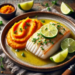 Zacht gegaarde scholfilets met gesmolten limoenboter, geserveerd op een romige wortelpuree met een topping van fijngeknipte bieslook, op een lichtblauw keramisch bord.