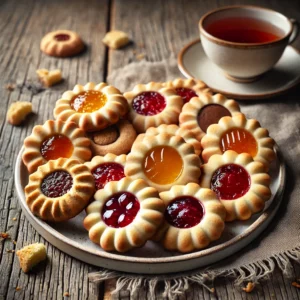 Een rustieke oude houten tafel met een bord zandkoekjes, elk voorzien van een kuiltje gevuld met verschillende soorten vulling: rode jam, lemon curd, appel-kaneel en chocolade. Ernaast staat een kopje thee in een warme, gezellige setting.