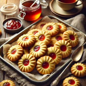 Malse zelfgemaakte koekjes met zachte boter en fruitige jam – perfect als zoet tussendoortje of bij een kop thee, ideaal voor gezellige middagen of feestelijke gelegenheden.