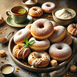 Zachte Marokkaanse donuts met poedersuiker of witte chocolade en nougatine – een feestelijk zoet tussendoortje, perfect bij muntthee of koffie tijdens een gezellige theemiddag.