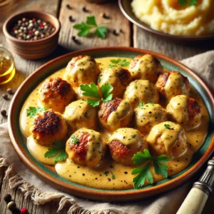 Kipgehaktballetjes in romige mosterdsaus met peterselie, geserveerd in een pan op houten tafel