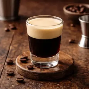 Een Baby Guinness shooter op een rustieke houten tafel, met een diepe laag koffielikeur onderop en een romige Ierse roomlaag erboven, omringd door koffiebonen en een cocktailjigger.