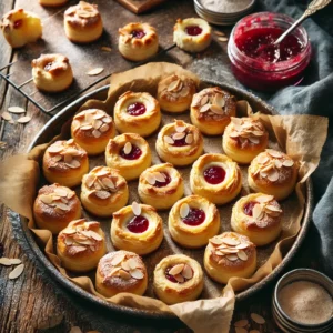Cheesecake bites van bladerdeeg met aardbeienjam en amandelschaafsel op een rustieke houten tafel.
