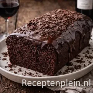 Chocolade-wijncake met romige topping op een rustieke houten tafel.