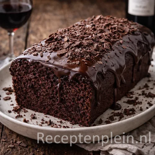 Chocolade-wijncake met romige topping op een rustieke houten tafel.