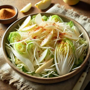 Frisse salade met witlof, appel en rettich, geserveerd met romige dressing en paprikapoeder op een rustieke tafel.