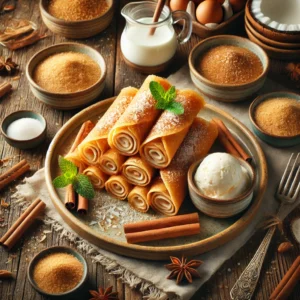 Opgerolde kokosflensjes met kaneelvulling, geserveerd op kleine bordjes met munt en vanille-ijs op een houten tafel.