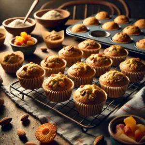 Glutenvrije muffins met tutti frutti en notenmeel op een rustieke tafel, vers uit de oven en geserveerd in papieren vormpjes.