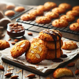 Nederlandse alt-tekst: Goudbruine kokos-amandelkoekjes op een rustieke houten tafel, deels bestrooid met gesmolten pure chocolade.