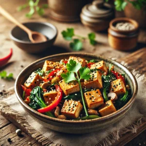 Knapperige tofu met groenten op een rustieke houten tafel, geserveerd in een aardewerken schaal met koriander en sesamzaadjes.