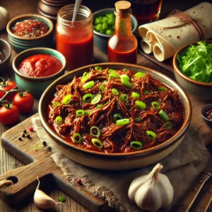 Langzaam gegaard draadjesvlees in tomatensaus, geserveerd in een kom met lente-ui, tortilla’s en salade op een houten tafel.
