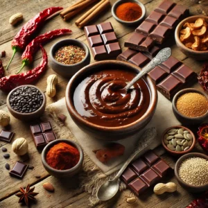 Donkere mole-saus met chocolade, pepers, noten en zaden in een kom op een houten tafel, omringd door ingrediënten zoals chilies, sesam en chocolade.