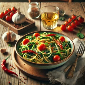 Spicy spaghetti met snijbiet, tomaat en bieslook op een rustieke Italiaanse eettafelsetting.