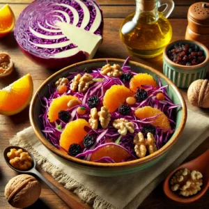 Rodekoolsalade met sinaasappel, rozijnen en walnoten in een kom, geserveerd met partjes sinaasappel en sherry-walnootdressing op een houten tafel.