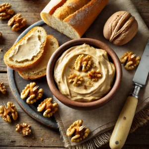 Een rustieke presentatie van romige rettich-walnoottappenade met brood en walnoten op houten tafel.