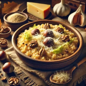 Romige risotto met kastanjepuree, walnoten en Parmezaanse kaas geserveerd in een kom op een houten tafel met herfstige ingrediënten eromheen.