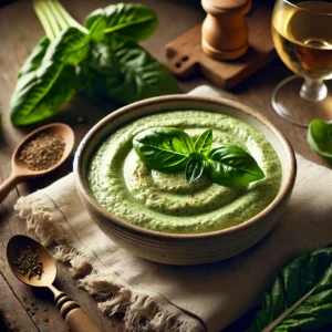 Romige snijbietpuree in een rustieke kom op houten tafel, gegarneerd met basilicum en geserveerd in een warme, huiselijke setting.