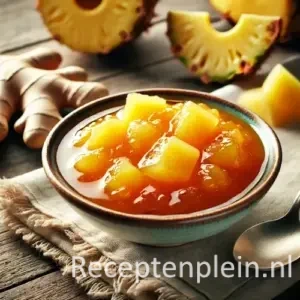 Kom goudoranje ananas-gembersaus met stukjes ananas en gember op houten tafel met lepel.