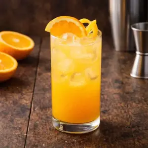 Een verfrissende citruscocktail met cachaça en Galliano, geserveerd in een hoog glas met ijsblokjes en sinaasappelgarnering op een rustieke houten tafel, omringd door baraccessoires.