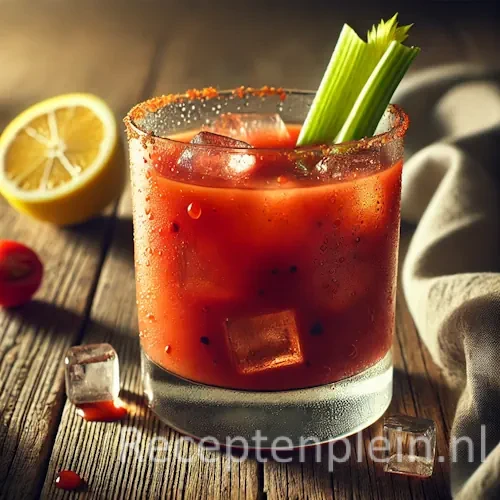 bloody mary mocktail op een rustieke houten tafel.