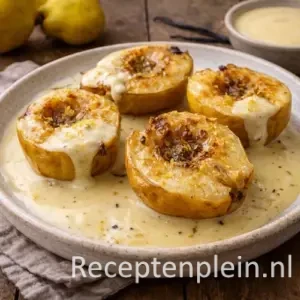 Geroosterde kweeperen met honing en vanillesaus uit de oven op een rustieke houten tafel.