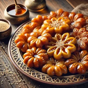 Traditionele Marokkaanse Shebakia in bloemvorm, goudbruin gebakken, overgoten met honing en bestrooid met sesamzaad. Geserveerd op een decoratief bord op een houten tafel, met een schaaltje extra honing en losse sesamzaadjes ernaast in een warme, feestelijke sfeer.