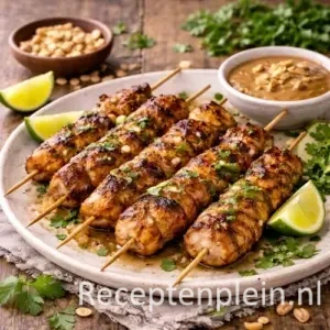 Indonesische kipspiesjes van de grill op een aardewerken bord, met goudbruin gegrilde kip aan houten spiesen, geserveerd op een rustieke houten tafel met limoenpartjes, verse koriander, pinda’s en een schaaltje satésaus bij warm natuurlijk licht.