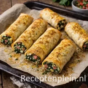 Knapperige snijbietrolletjes met kwark uit de oven op een rustieke houten tafel.