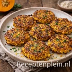 Krokante pompoen rösti met appel en havermout op een rustieke houten tafel.
