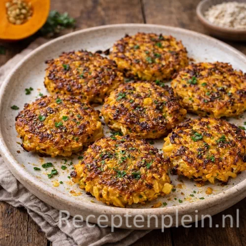 Krokante pompoen rösti met appel en havermout op een rustieke houten tafel.
