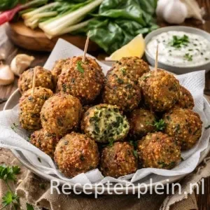 Krokante snijbietballetjes op een rustieke houten tafel.
