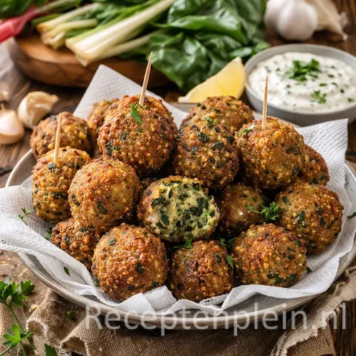 Krokante snijbietballetjes op een rustieke houten tafel.